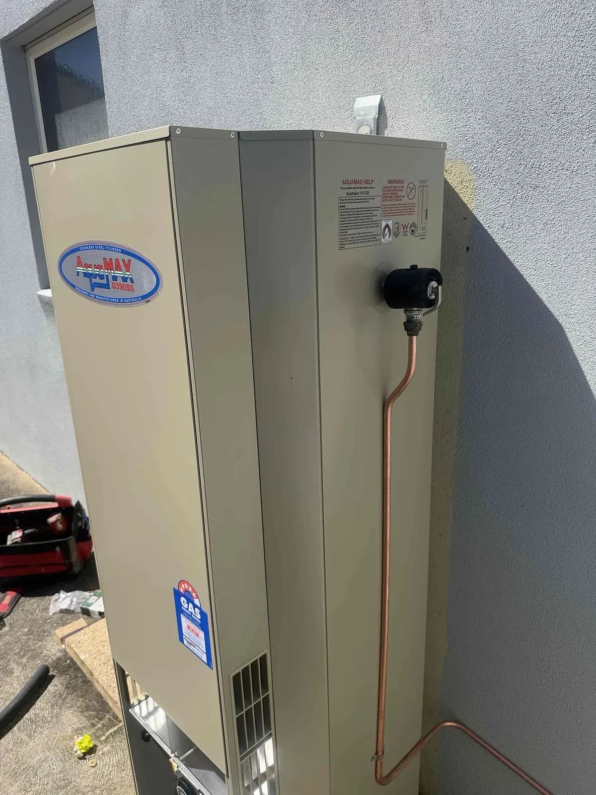 Side view of the new gas hot water unit